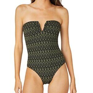 Shoshanna Shimmer U Wire One Piece Bandeau Swimsuit Size 10 Dark Green Black